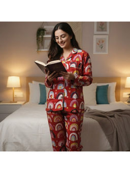 MASU - Women Red Pure Cotton Holiday Mood Print Shirt with Pyjama and Sleeve Bag