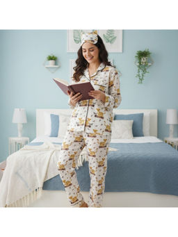 MASU - Women Off White Pure Cotton Jungle Safari Print Shirt with Pyjama and Sleeve Bag