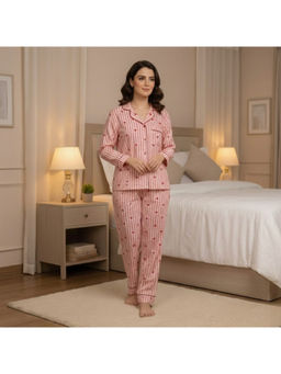 MASU - Women Pink Pure Cotton Pink Hearts Print Shirt with Pyjama and Sleeve Bag