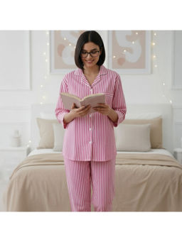 MASU - Women Pink Pure Cotton Sunday Stripes Print Shirt with Pyjama and Sleeve Bag