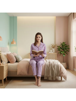 MASU - Women Purple Pure Cotton Purple Hearts Print Shirt with Pyjama and Sleeve Bag