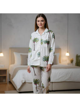 MASU - Women Green Pure Cotton Tropical Dreams Print Shirt with Pyjama and Sleeve Bag