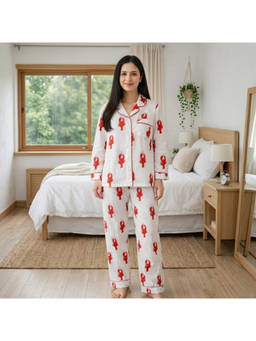 MASU - Women Red Pure Cotton Red Lobster Print Shirt with Pyjama and Sleeve Bag