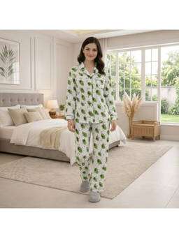 MASU - Women Green Pure Cotton Avocado Print Shirt with Pyjama and Sleeve Bag