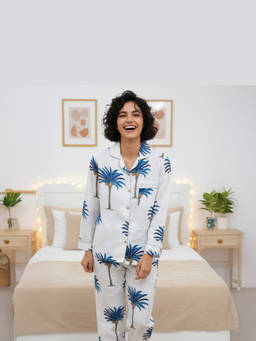 MASU - Women Blue Pure Cotton Vacation Mode Print Shirt with Pyjama and Sleeve Bag