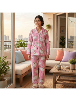 MASU - Women Pink Pure Cotton Baa Baa Pink Sheep Print Shirt with Pyjama and Sleeve Bag