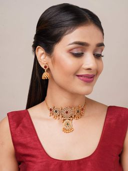 BINNI - Mani Intricate Ad Studded Choker Necklace with Jhumka Earrings