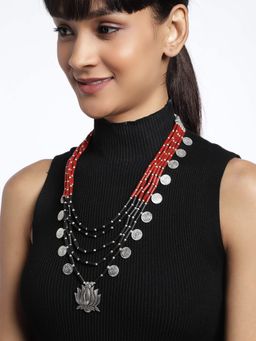 BINNI - Utpala Multi-Layered Red And Black Beaded Necklace With Silver Lotus Pendant