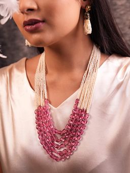 BINNI - Dawn Multi-Strand Long Beaded Necklace with Pink Glass Stones