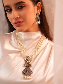 BINNI - Long Layered Chain Necklace Set With German Silver Pendant And Pearls