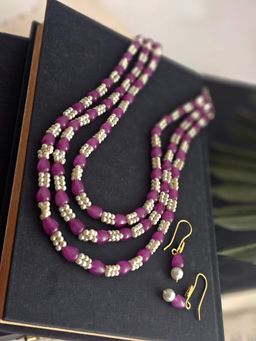 BINNI - 3-Layered Purple and White Beads Necklace Set