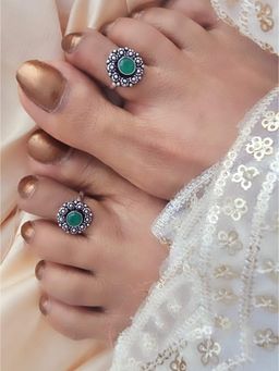 BINNI - Womens Silver Green German Silver Toe Ring