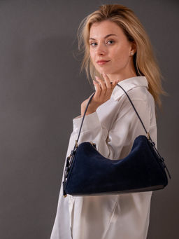 FAVORI - Navy Blue Velena - Suede Leather Baguette Bag