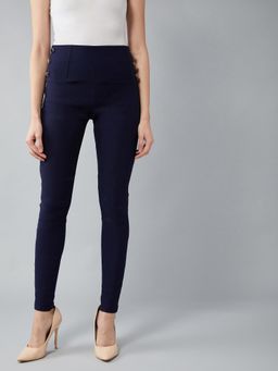 DOLCE CRUDO - Womens Navy Blue Solid Skinny High Waist Regular Length Treggings