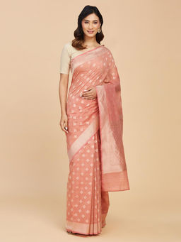 Fabindia - Pink Cotton Silk Woven Saree Without Blouse