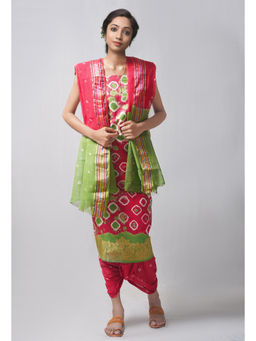 Unnati Silks - Unstitched Red Pure Bandhani Cotton Salwar Kameez (Set of 3)