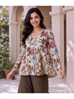 VAIRAGEE - Women'S Off-White Floral Print V-Neck Gathered Peplum Tunic Top
