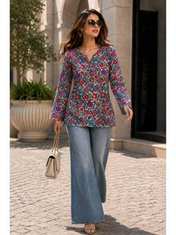 VAIRAGEE - Blue Women's Floral Printed Full Sleeves Tunic Top