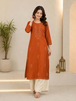 VAIRAGEE - Women Orange Embroidered Straight Kurta