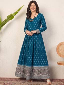 InWeave - Teal Ikat Border Long Anarkali Kurta