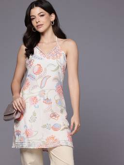 Ahalyaa - Women Off White Floral Printed Kurti