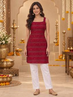 Ahalyaa - Women Maroon Embroidered Net Kurti