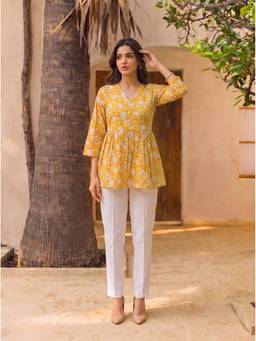 Rangita - Women Mustard Cotton Printed Peplum Short Kurta