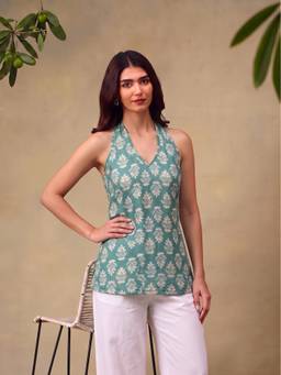 Bani Women - Green Printed Sleeveless Lace-Up Back Tunic