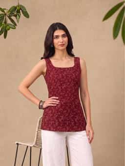 Bani Women - Maroon Floral Printed Lace-Up Back Tunic