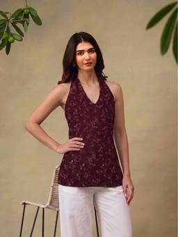 Bani Women - Wine Floral Printed Halter Neck Lace-Up Back Tunic
