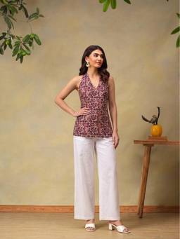 Bani Women - Purple Paisley Block-Print Halter Neck Lace-Up Tunic