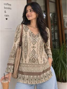 HOUSE OF MIRA - Beige Printed V-Neck Full Sleeve Kurti