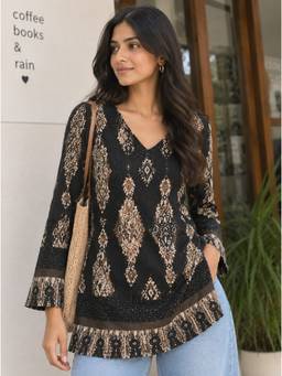 HOUSE OF MIRA - Black Printed V-Neck Full Sleeve Kurti