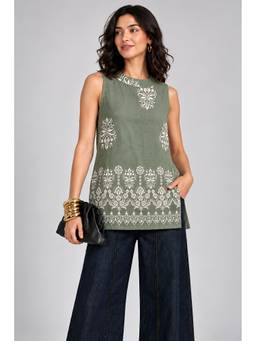 HOUSE OF MIRA - Green Women Printed Sleeveless Straight Kurti
