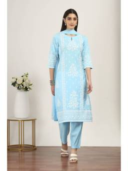 Rangriti - Blue Viscose Polyester Straight Kurta and Pant with Dupatta