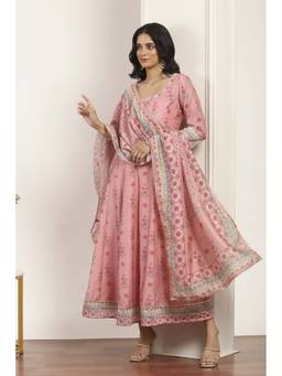 Rangriti - Women Pink Viscose Polyester A-Line Kalidar Kurta with Dupatta