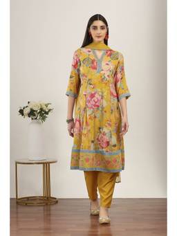 Rangriti - Yellow Viscose Polyester Kalidar Kurta and Pant with Dupatta