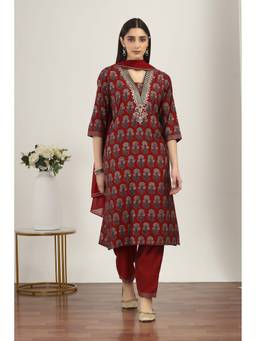 Rangriti - Red Viscose Polyester Straight Kurta and Pant with Dupatta