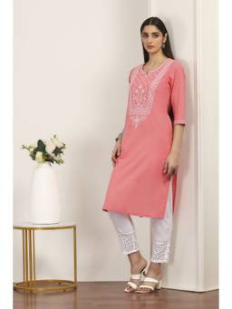 Rangriti - Women Coral Cotton Straight Kurta