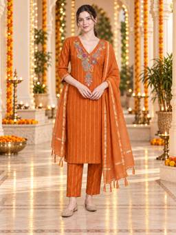Nayam by lakshita - Orange Viscose Rayon Stripes Kurta and Pant with Dupatta