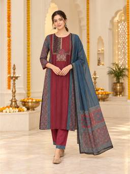 Nayam by lakshita - Maroon Viscose Rayon Stripes Kurta and Pant with Dupatta