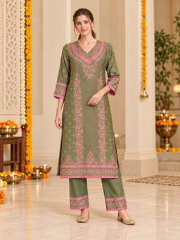 Nayam by lakshita - Green Viscose Rayon Floral Kurta and Pant