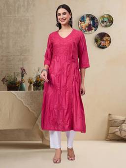 PARAMOUNT CHIKAN - Pink Women Chikankari Hand Embroidered Chanderi Angrakha Kurta
