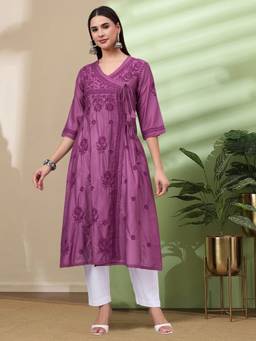 PARAMOUNT CHIKAN - Mauve Women Chikankari Hand Embroidered Chanderi Angrakha Kurta