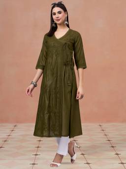 PARAMOUNT CHIKAN - Olive Women Chikankari Hand Embroidered Chanderi Angrakha Kurta