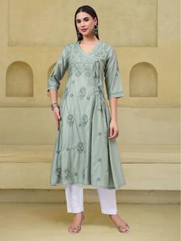 PARAMOUNT CHIKAN - Green Women Chikankari Hand Embroidered Chanderi Angrakha Kurta