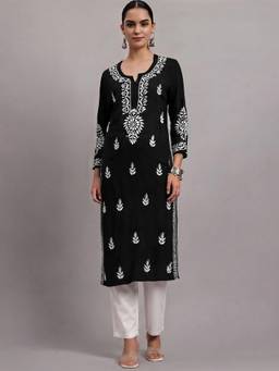 PARAMOUNT CHIKAN - Black Women Hand Embroidered Chikankari Modal Kurta