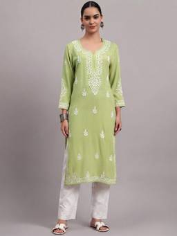 PARAMOUNT CHIKAN - Green Women Hand Embroidered Chikankari Modal Kurta