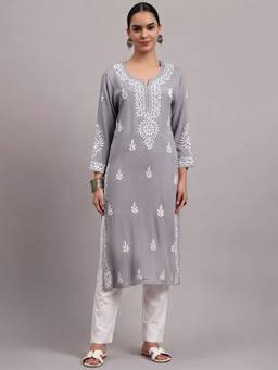 PARAMOUNT CHIKAN - Grey Women Hand Embroidered Chikankari Modal Kurta