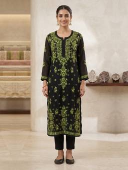 PARAMOUNT CHIKAN - Black Hand Embroidered Chikankari Modal Straight Kurta